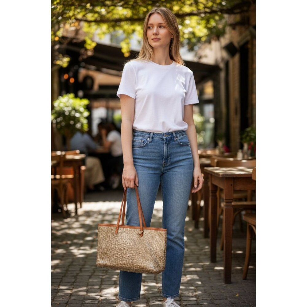 Gold Glitter Tote Bag With Faux Leather Straps 15" Width Spacious Interior Styli - Picture 1 of 8